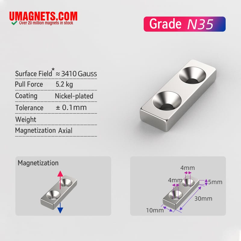 30x10x5mm N35 Neodymium Rare Earth Double Countersunk Block Magnets with Countersunk Hole for #4 Screw