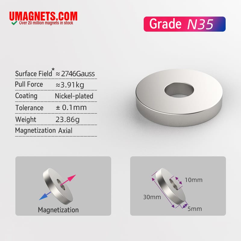 30mm OD x 10 mm ID x 5 mm dik Sterke N35 ambachtelijke magneet Donut Neodymium ringmagneet Zeldzame aarde ronde magneten