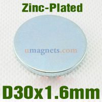 N35 Neodímio 30mmx1.6mm (NdFeB) Rare Earth Disc Magnets ZN banhado