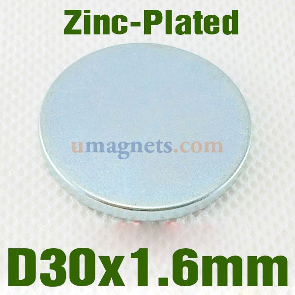 N35 30mmx1.6mm Neodymium (NdFeB) Rare Earth Disc Magnete ZN-plattiert