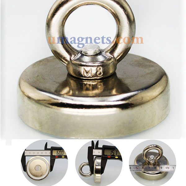 60mm di diametro N42 neodimio Magnete con serraggio M8 Eyebolt magnete Pesca - 139kg Pull