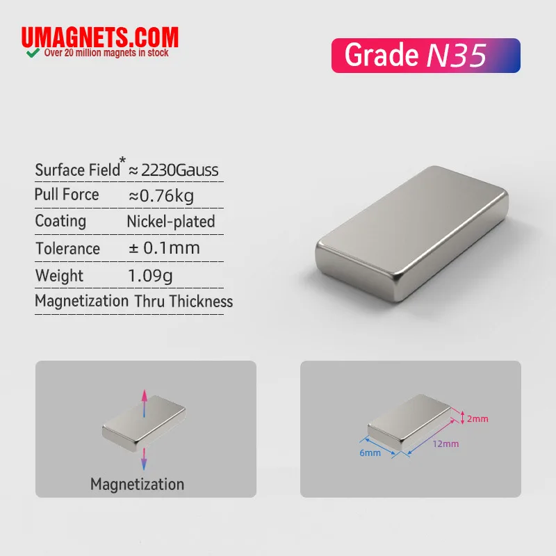 12 x 6 x 2 mm N35 Strong Neodymium Block Magnets Rare Earth