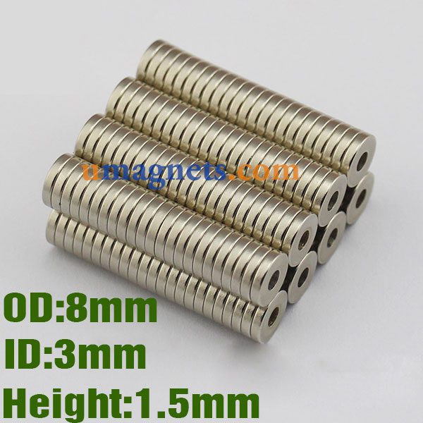 N42 8mm OD x 3 mm ID x 1,5 mm tjocka Starka ring Magneter Neodymium sällsynta jordningsringen Magneter Strong Craft Magnets