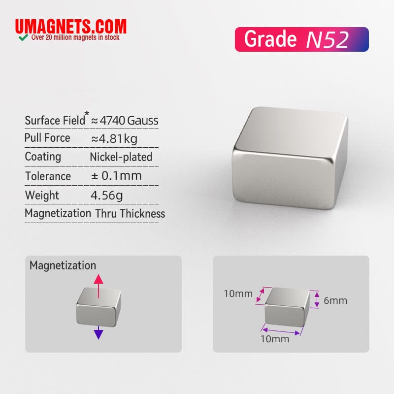 10mm x 10mm x 6mm N52 Neodymium Block Magnets Rare Earth Rectangle Magnets Craft Magnets (5 Embalar)