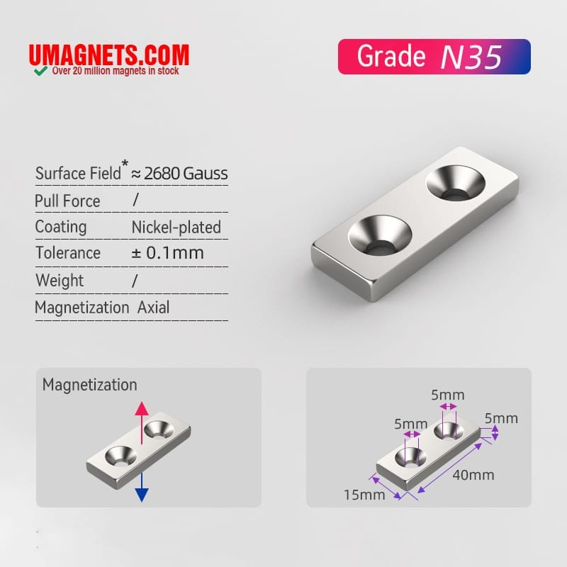 40x15X5mm Thick Double Countersunk 5mm Neodymium Block Magnets N35 Rare Earth Block Magnet with Countersunk Hole for #5 Screw (4 パック)