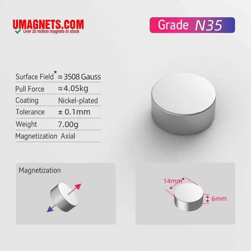 14mm x 6mm ネオジムディスク磁石 N35 超強力希土類シリンダー磁石 14x6mm クラフト磁石
