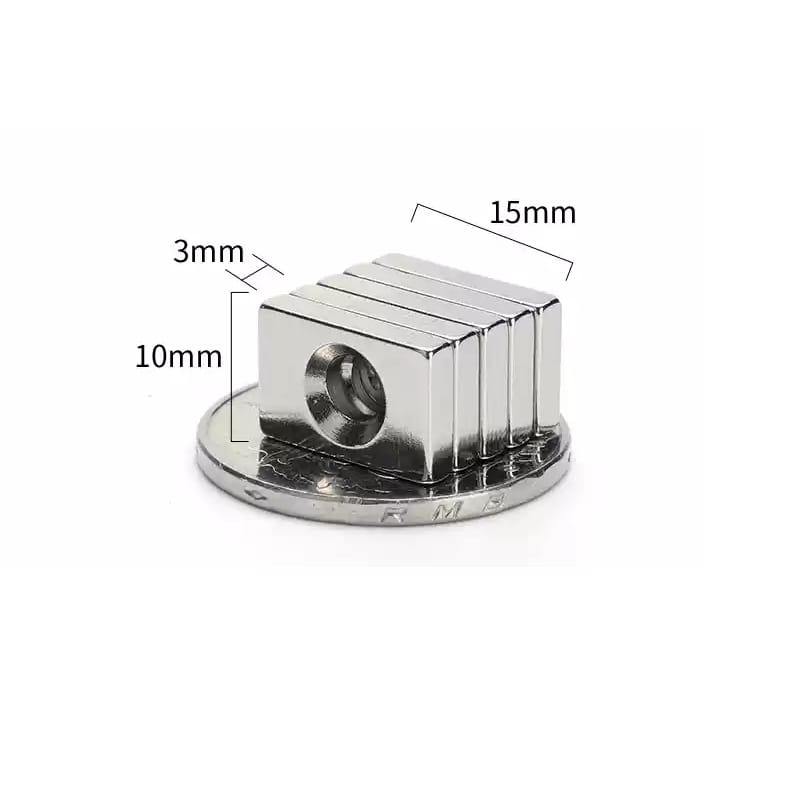 15mm x 10mm x 3mm thick with 3mm Countersink Hole Neodymium Countersunk Block Magnets with Single Countersunk Hole for #3 Screw - 画像 3